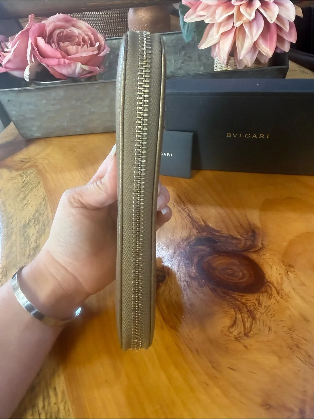 Bulgari Metallic Gold Zip Wallet with original box & cards